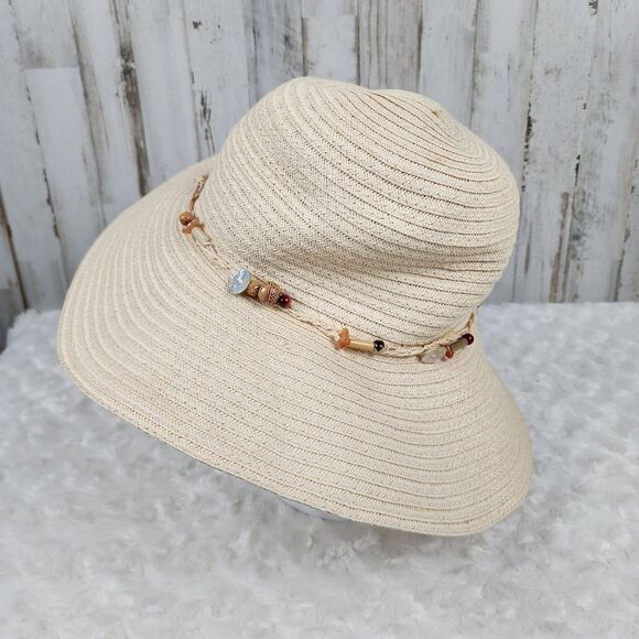 Elegant Cream Sun Hat with Beaded Detail - Picture 2 of 12